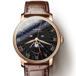 LOBINNI - relógio de quartzo de luxo - fases da lua - à prova d'água - pulseira de couro - preto / marrom