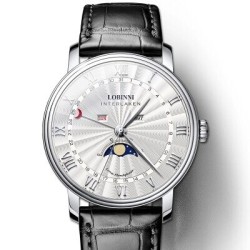 LOBINNI - relógio de quartzo de luxo - fases da lua - à prova d'água - pulseira de couro - preto / branco