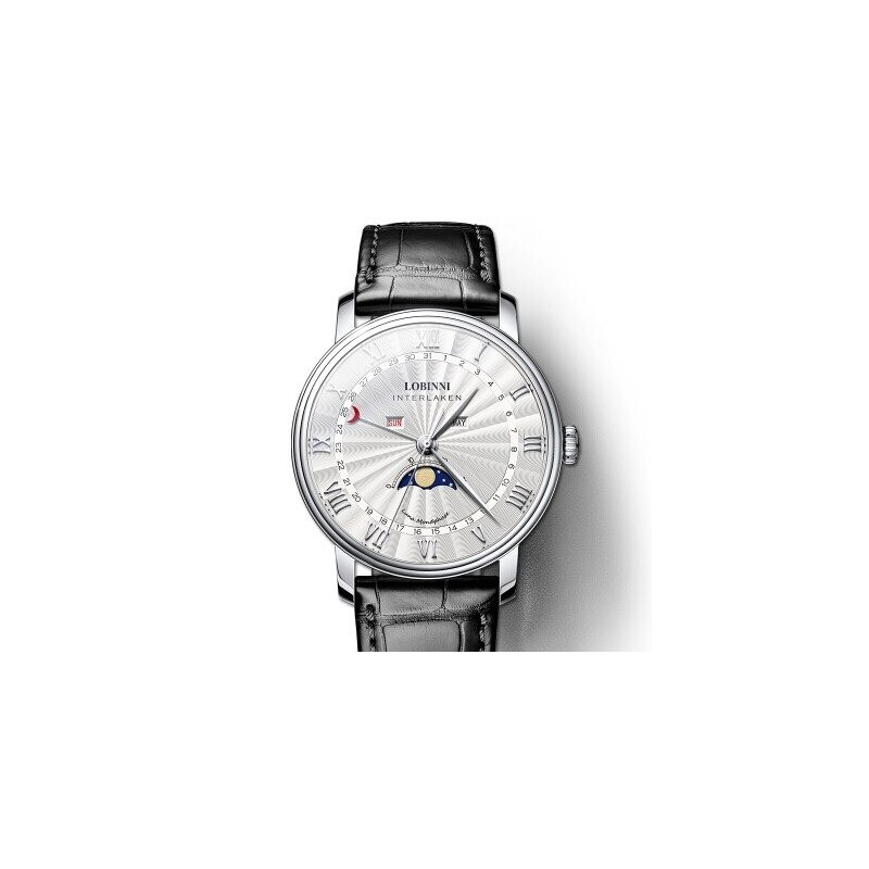 LOBINNI - relógio de quartzo de luxo - fases da lua - à prova d'água - pulseira de couro - preto / branco
