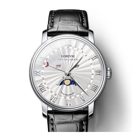 LOBINNI - relógio de quartzo de luxo - fases da lua - à prova d'água - pulseira de couro - preto / branco