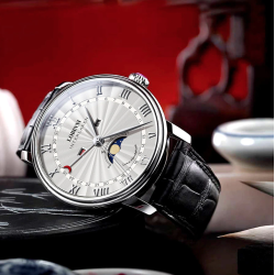 LOBINNI - relógio de quartzo de luxo - fases da lua - à prova d'água - pulseira de couro - preto / branco