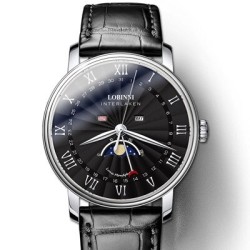 LOBINNI - relógio de quartzo de luxo - fases da lua - à prova d'água - pulseira de couro - preto