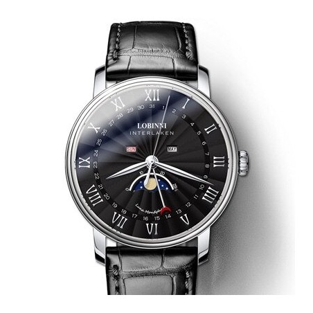 LOBINNI - relógio de quartzo de luxo - fases da lua - à prova d'água - pulseira de couro - preto