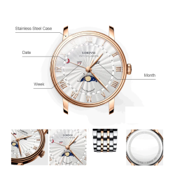 LOBINNI - luxury Quartz watch - moon phase - waterproof - stainless steel - gold / whiteWatches
