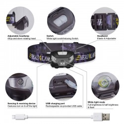 Mini lanterna recarregável - lâmpada de cabeça - sensor de movimento - USB - LED - 3000LM
