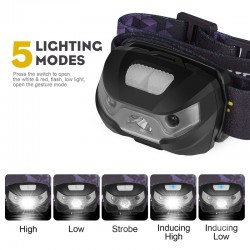 Mini lanterna recarregável - lâmpada de cabeça - sensor de movimento - USB - LED - 3000LM