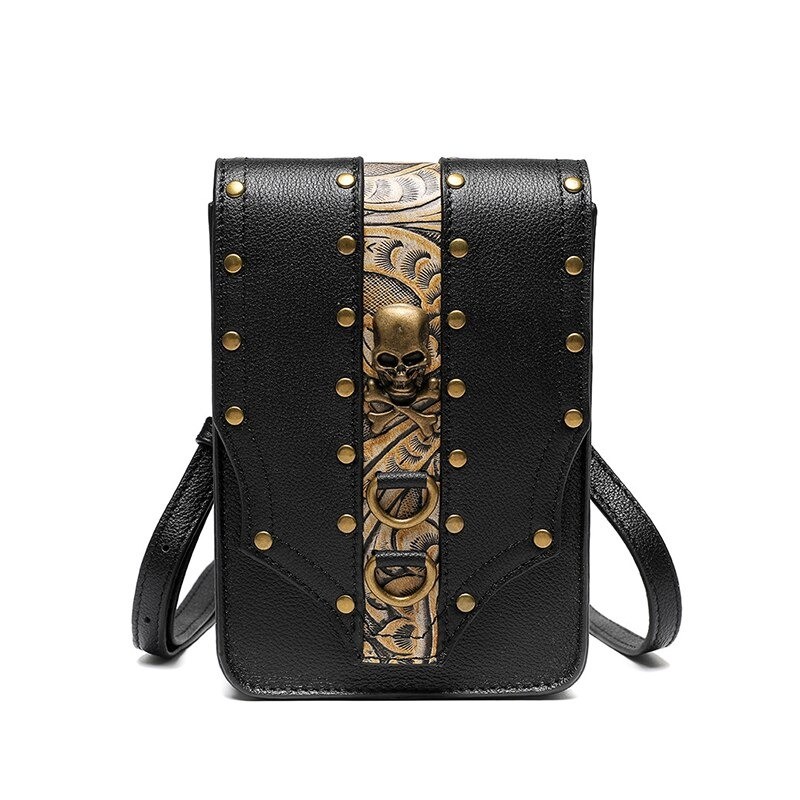 Bolsa de ombro pequena de couro - estilo punk - caveira / rebites