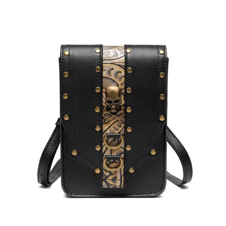 Bolsa de ombro pequena de couro - estilo punk - caveira / rebites