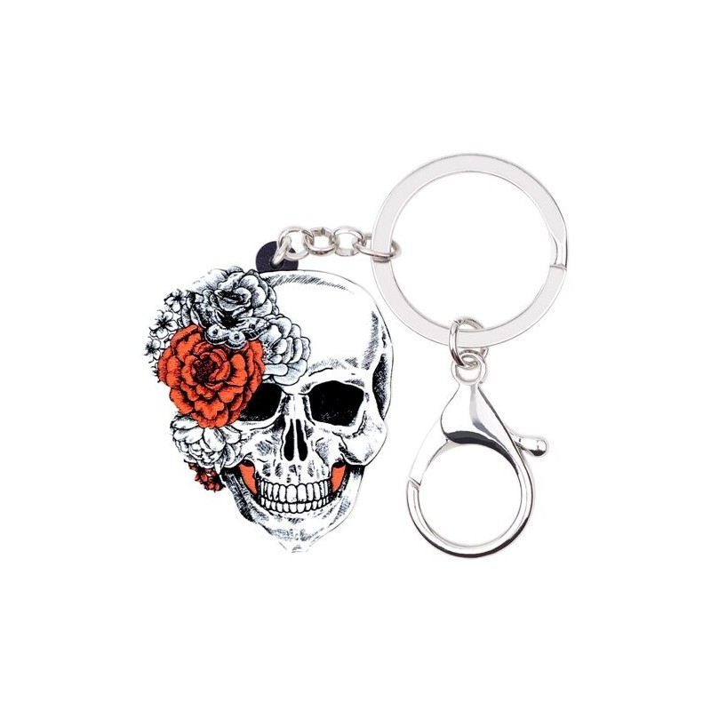 Caveira de Halloween com rosas - chaveiro de acrílico