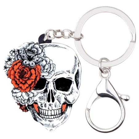Caveira de Halloween com rosas - chaveiro de acrílico