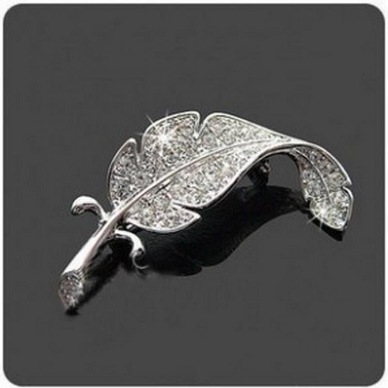 Silver leaf / feather with rhinestones - broochBrooches