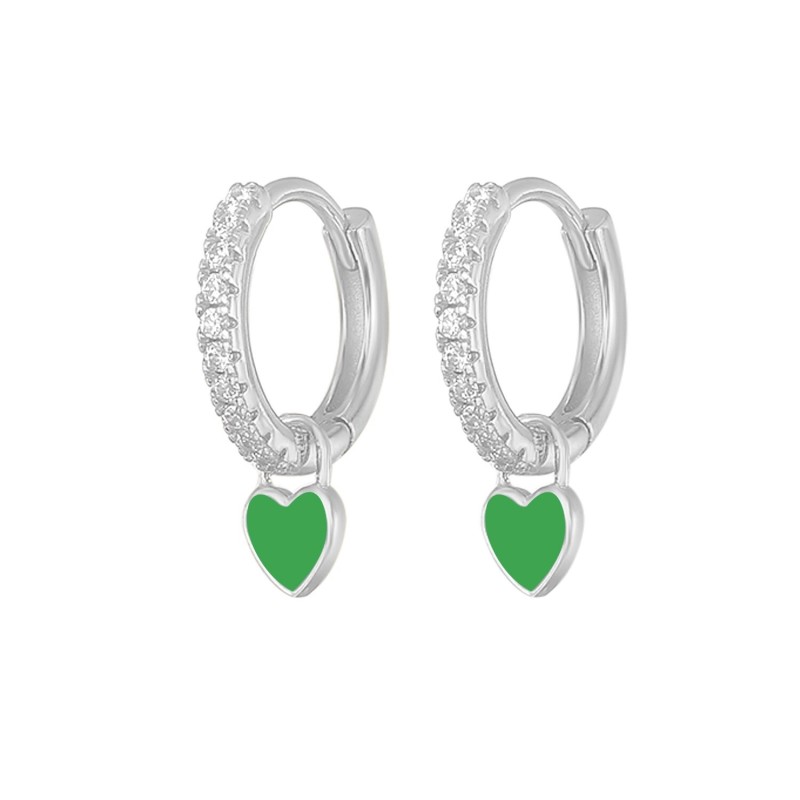 Round silver earrings with crystals / hanging heart - 925 sterling silverEarrings