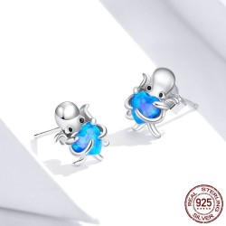 Polvo de prata / coração de cristal azul - brincos - prata de lei 925