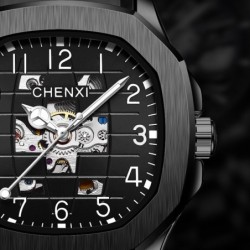 CHENXI - relógio de quartzo mecânico automático - à prova d'água - design de esqueleto - preto