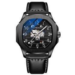 CHENXI - relógio de quartzo mecânico automático - à prova d'água - design de esqueleto - preto