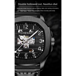 CHENXI - relógio de quartzo mecânico automático - à prova d'água - design de esqueleto - preto