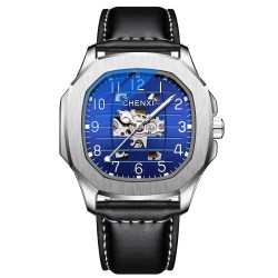 CHENXI - relógio de quartzo mecânico automático - à prova d'água - design esqueleto - prata / azul