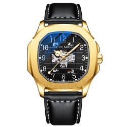 CHENXI - relógio de quartzo mecânico automático - à prova d'água - design de esqueleto - ouro / preto