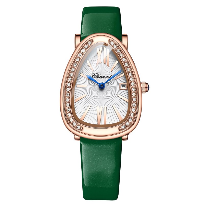 CHENXI - elegante relógio de quartzo com strass - à prova d'água - pulseira de couro - verde