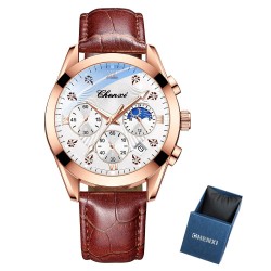 CHENXI - relógio esportivo de quartzo - à prova d'água - pulseira de couro - marrom / branco