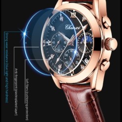CHENXI - relógio esportivo de quartzo - à prova d'água - pulseira de couro - preto / ouro rosa