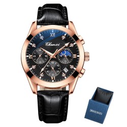 CHENXI - relógio esportivo de quartzo - à prova d'água - pulseira de couro - preto / ouro rosa