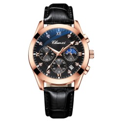 CHENXI - relógio esportivo de quartzo - à prova d'água - pulseira de couro - preto / ouro rosa