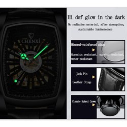 CHENXI - relógio quadrado automático - design vazado - pulseira de couro - preto / verde