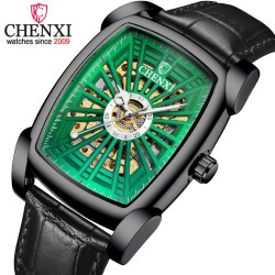 CHENXI - relógio quadrado automático - design vazado - pulseira de couro - preto / verde