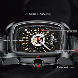 CHENXI - relógio quadrado automático - design vazado - pulseira de couro - preto / verde
