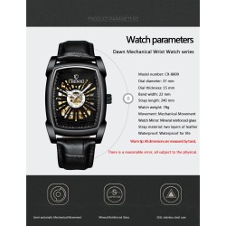 CHENXI - relógio quadrado automático - design vazado - pulseira de couro - preto / verde