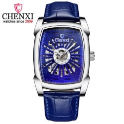 CHENXI - relógio quadrado automático - design vazado - pulseira de couro - prata / azul