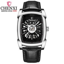 CHENXI - relógio quadrado automático - design vazado - pulseira de couro - prateado / preto
