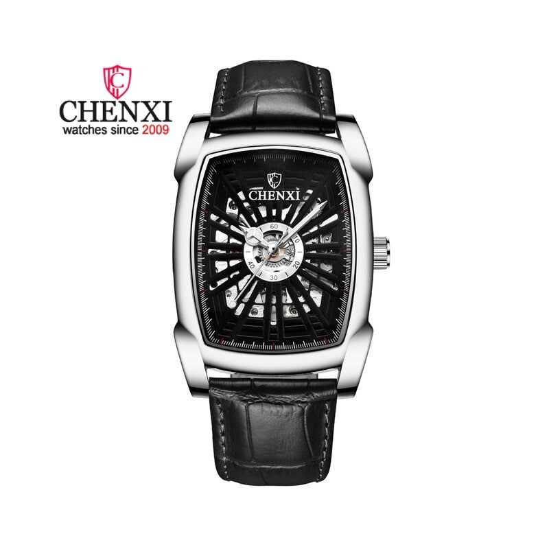 CHENXI - automatic square watch - hollow-carved design - leather strap - silver / blackWatches