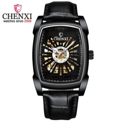 CHENXI - relógio quadrado automático - design vazado - pulseira de couro - preto