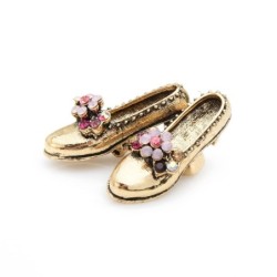 Broche retrô - sapatos dourados / flores de strass