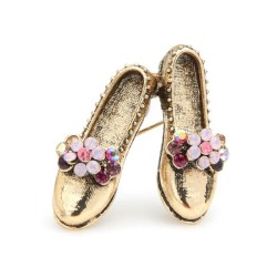 Broche retrô - sapatos dourados / flores de strass