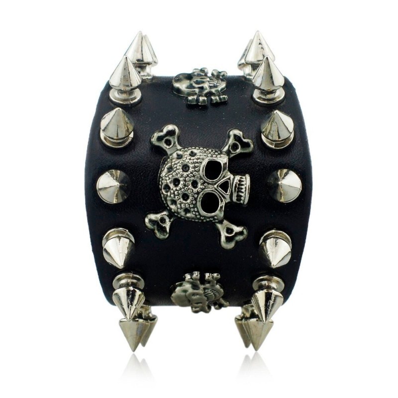 Pulseira larga de couro - rebites - caveira - estilo punk