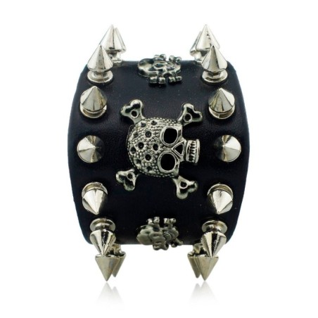 Pulseira larga de couro - rebites - caveira - estilo punk