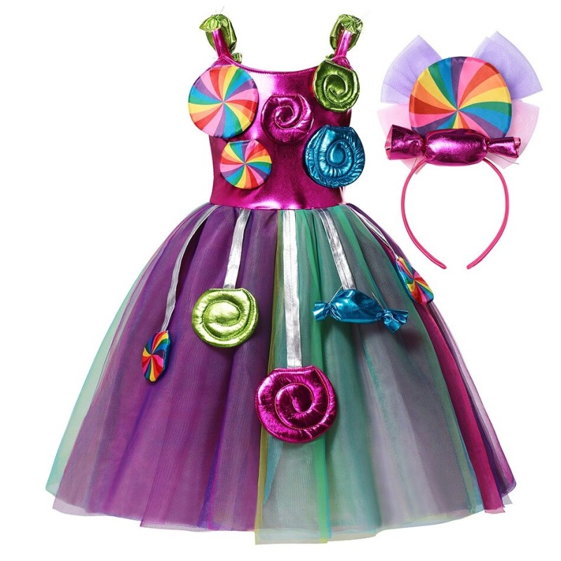 Vestido de princesa - pirulitos / doces / cores do arco-íris - fantasia de menina