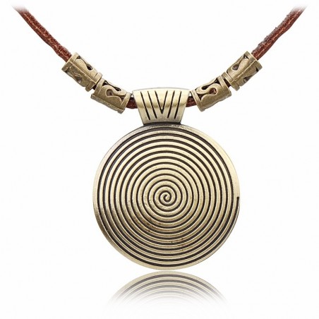 Colar vintage - pingente redondo de metal - corda de couro