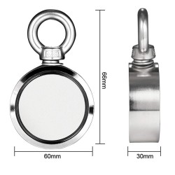 Íman de neodímio dupla face - íman de pesca - com olhal - 300Kg - D60mm