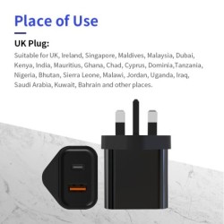 Carregador de parede - plugue do Reino Unido - portas duplas tipo C / USB - PD - carregamento rápido - 20W