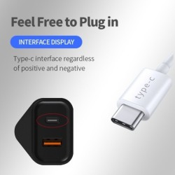 Carregador de parede - plugue do Reino Unido - portas duplas tipo C / USB - PD - carregamento rápido - 20W