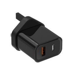 Carregador de parede - plugue do Reino Unido - portas duplas tipo C / USB - PD - carregamento rápido - 20W