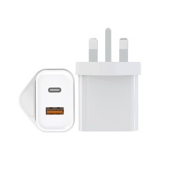Carregador de parede - plugue do Reino Unido - portas duplas tipo C / USB - PD - carregamento rápido - 20W