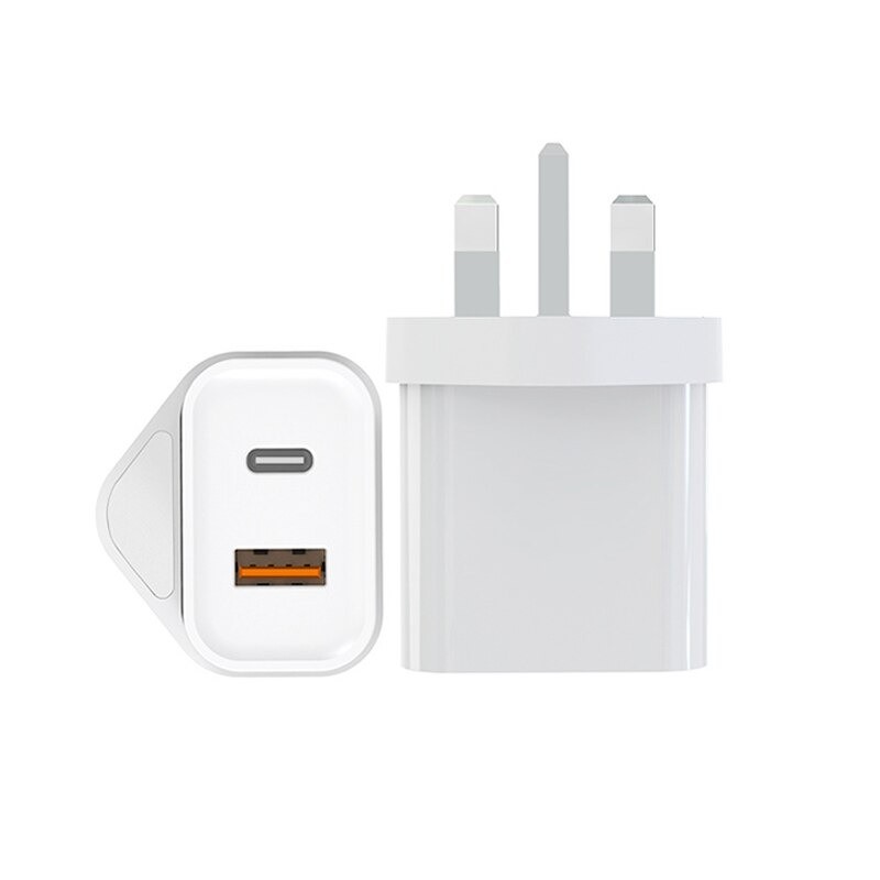 Carregador de parede - plugue do Reino Unido - portas duplas tipo C / USB - PD - carregamento rápido - 20W