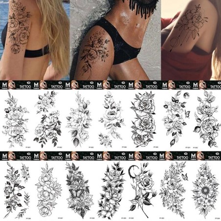 Flores pretas - tatuagem temporária - adesivo