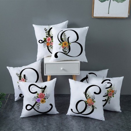 Capa de almofada decorativa branca - alfabeto inglês preto / flores - 45 * 45 cm