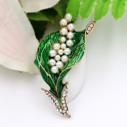 Folha verde / pérolas / cristais - broche elegante
